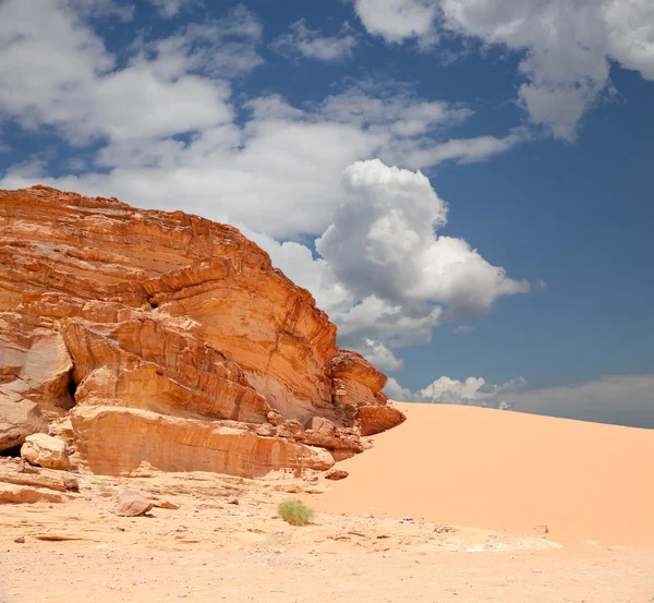 Wadi Rums öken även känd som dalen av månen är en dal som skär in i sandsten och granit vagga i södra Jordanien 60 km öster om aqaba — Stockfoto