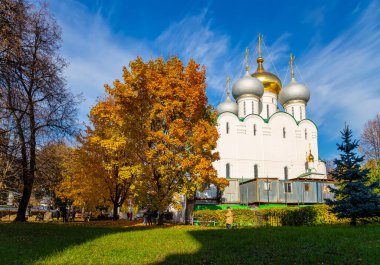 Novodevichy manastırı (Bogoroditse-Smolensky manastırı) güneşli bir sonbahar gününde. Smolensk Leydisi Katedrali (16. yüzyıl). Moskova, Rusya. UNESCO dünya mirası sahası    