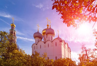 Novodevichy manastırı (Bogoroditse-Smolensky manastırı) güneşli bir sonbahar gününde. Smolensk Leydisi Katedrali (16. yüzyıl). Moskova, Rusya. UNESCO dünya mirası sahası    