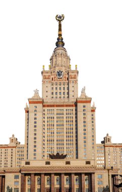 Sparrow Hills 'teki Lomonosov Moskova Devlet Üniversitesi' nin (beyaz bir arkaplan üzerinde) ana binasıdır.