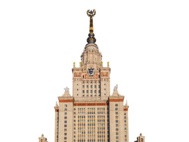 Sparrow Hills 'teki Lomonosov Moskova Devlet Üniversitesi' nin (beyaz bir arkaplan üzerinde) ana binasıdır.