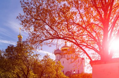 Novodevichy manastırı (Bogoroditse-Smolensky manastırı) güneşli bir sonbahar gününde. Moskova, Rusya. UNESCO dünya mirası sahası