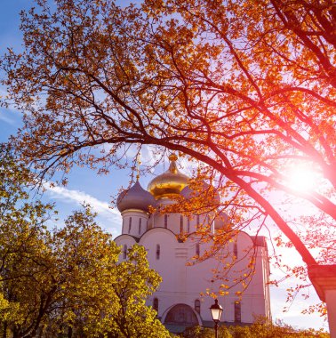 Novodevichy manastırı (Bogoroditse-Smolensky manastırı) güneşli bir sonbahar gününde. Smolensk Leydisi Katedrali (16. yüzyıl). Moskova, Rusya. UNESCO dünya mirası sahası    