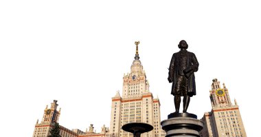 Mikhail Vasilyevich Lomonosov 'un (heykeltıraş N. V. Tomsky ve mimar L. V. Rudnev, 1953) Moskova Devlet Üniversitesi' nin (MSU) beyaz arka planda inşa edilmesinden esinlenilmiştir.