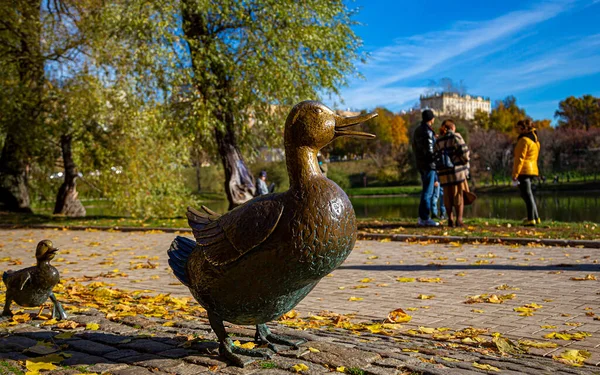 Parktaki Yol Ördekleri Anıtı Novodevichy Göletleri Sonbaharda Novodevichy Manastırında Ördek — Stok fotoğraf