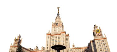 Sparrow Hills 'teki Lomonosov Moskova Devlet Üniversitesi' nin (beyaz bir arkaplan üzerinde) ana binasıdır.