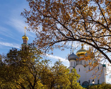 Novodevichy manastırı (Bogoroditse-Smolensky manastırı) güneşli bir sonbahar gününde. Moskova, Rusya. UNESCO dünya mirası sahası