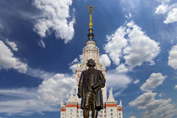 View of the monument to Mikhail Vasilyevich Lomonosov (sculptor N. V. Tomsky and architect L. V. Rudnev, 1953)from building of Moscow State University (MSU), on the background of the sky, Russia  