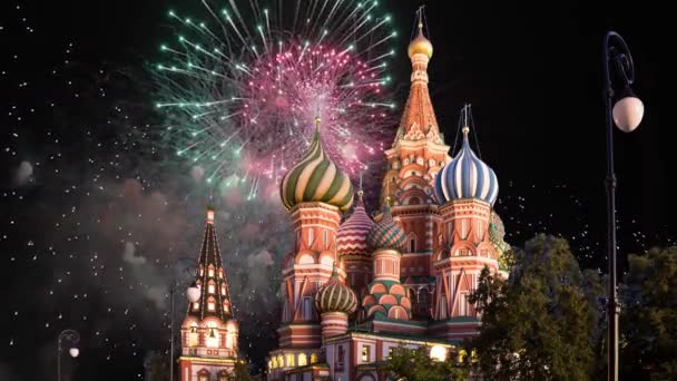 Cathedral Intercession Most Holy Theotokos Moat Temple Basil Blessed Fireworks — Stock Video