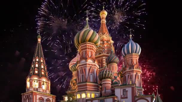 Cathedral Intercession Most Holy Theotokos Moat Temple Basil Blessed Fireworks — Stock Video