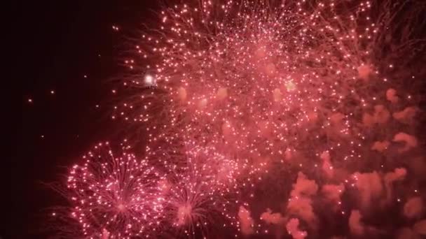 Volleys Vuurwerk Verdeelt Miljoenen Lichten Aan Nachtelijke Hemel Levendige Kleurrijke — Stockvideo