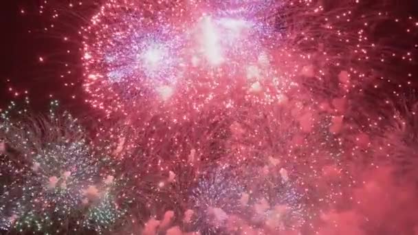 Volleys Firework Splits Millions Lights Night Sky Vibrant Colorful Fireworks — Stockvideo