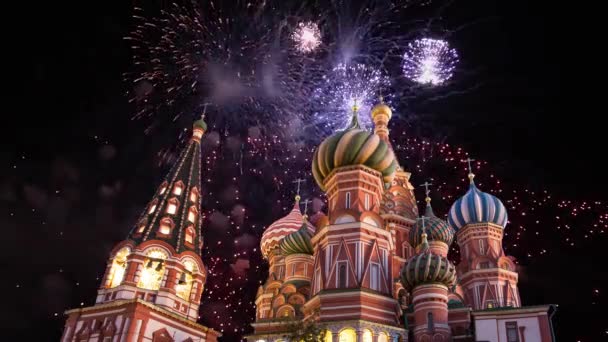 Cathedral Intercession Most Holy Theotokos Moat Temple Basil Blessed Fireworks — Stock Video