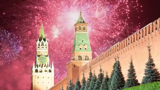 Volleys Firework Splits Millions Lights Moscow Kremlin Russia — Video Stock