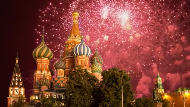 Cathedral Intercession Most Holy Theotokos Moat Temple Basil Blessed Fireworks — Stock Video