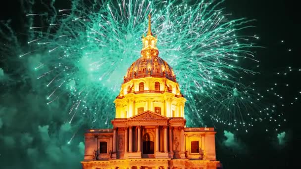 Celebratory Colorful Fireworks Les Invalides National Residence Invalids Night Paris — 비디오