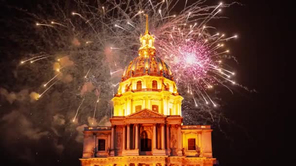 Celebratory Colorful Fireworks Les Invalides National Residence Invalids Night Paris — Video Stock