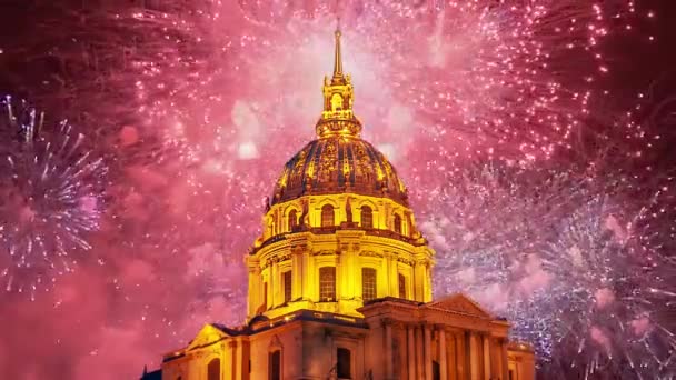 Celebratory Colorful Fireworks Les Invalides National Residence Invalids Night Paris — Stockvideo