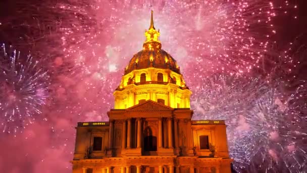 Celebratory Colorful Fireworks Les Invalides National Residence Invalids Night Paris — Video Stock