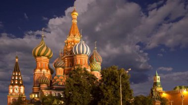 Cathedral of Intercession of Most Holy Theotokos on the Moat ( Temple of Basil the Blessed) against the sky (at night),  Red Square, Moscow, Russia 