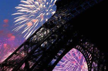 Paris, Fransa 'daki Eyfel Kulesi üzerinde kutlama havai fişekleri 