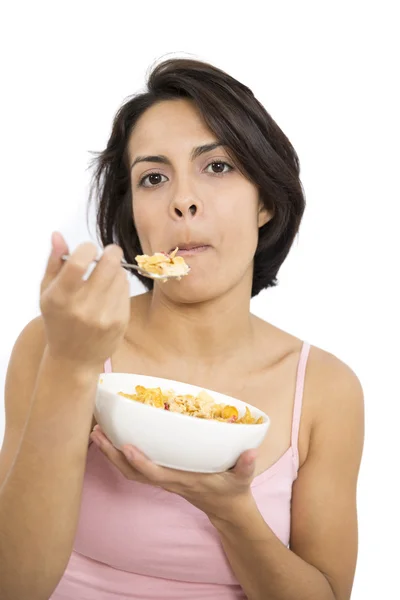 Mulher atraente tomando café da manhã — Fotografia de Stock