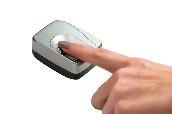 Dedo no scanner biométrico isolado no branco — Fotografia de Stock