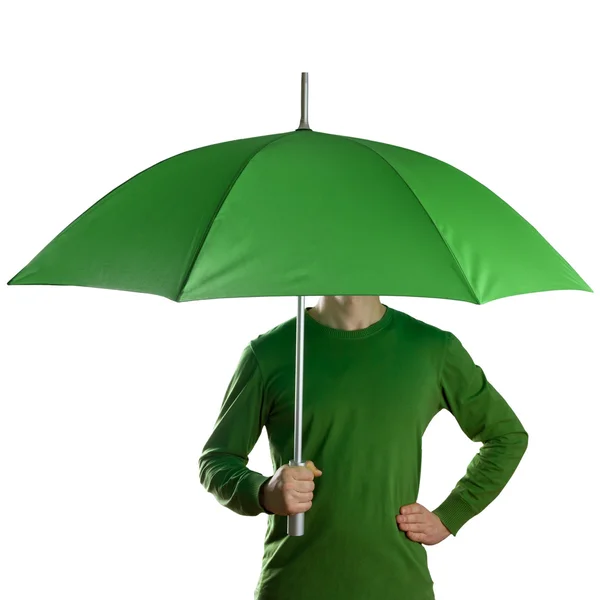 Man holding a green umbrella isolated on white — Stock Photo, Image
