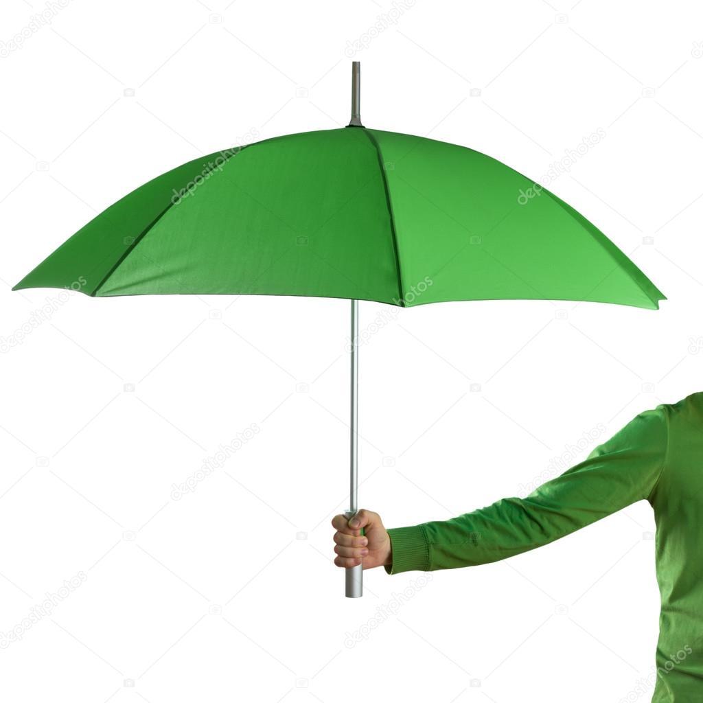 Hand holding a green umbrella isolated on white