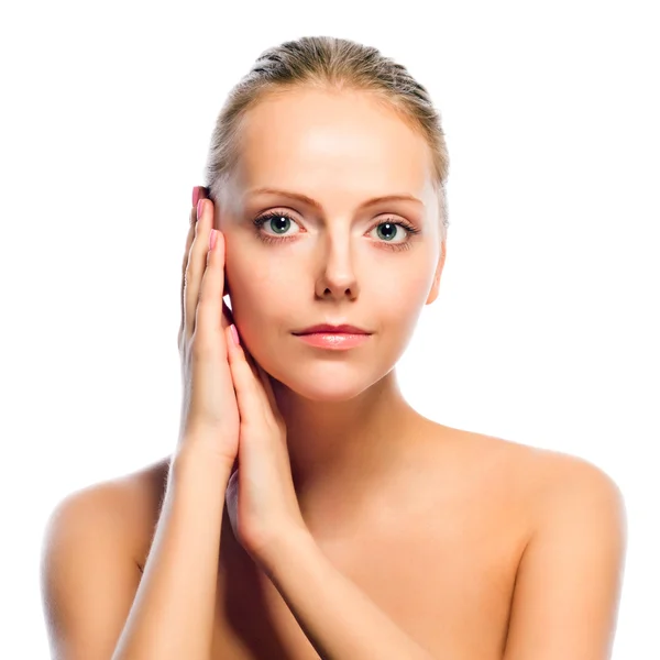 Beautiful young girl isolated over white background. Beauty face — Stock Photo, Image