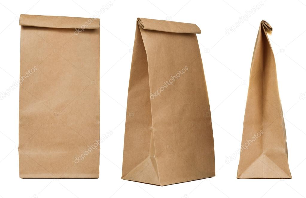 Brown paper bag set isolated on white background