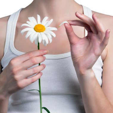 genç kız bir papatya çiçek tahmin eder.