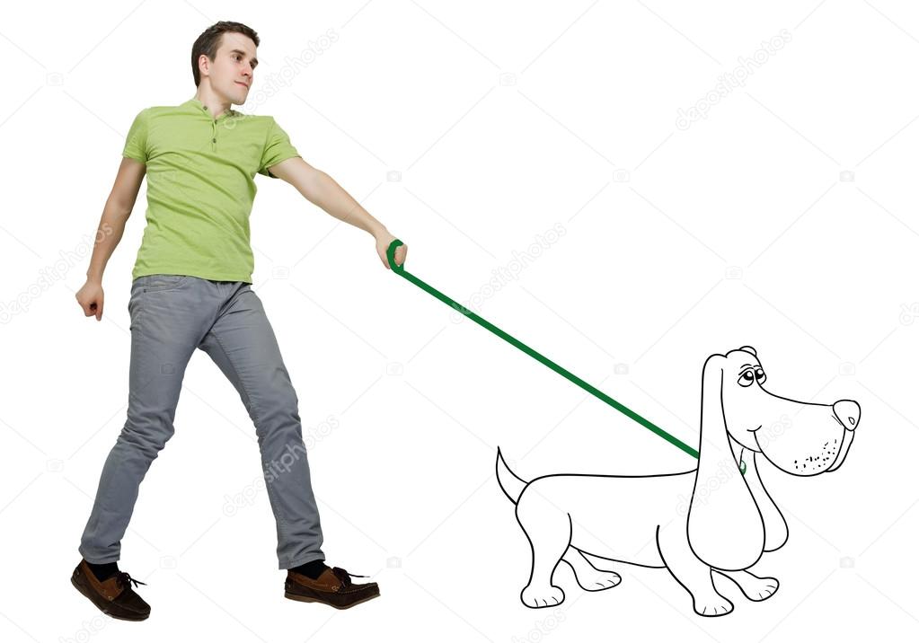 A man walking with a dog over white background