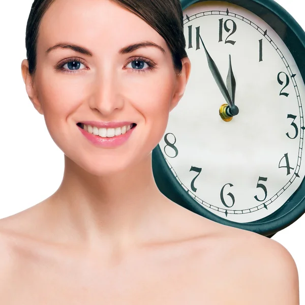 Time concept. Portrait of beautiful smiling young woman. — Stock Photo, Image