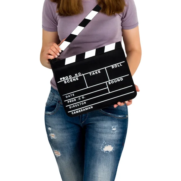 Woman holding a clapboard — Stock Photo, Image