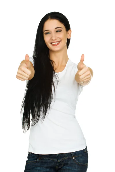 Woman showing thumb up sign. Focus on the face — Stock Photo, Image