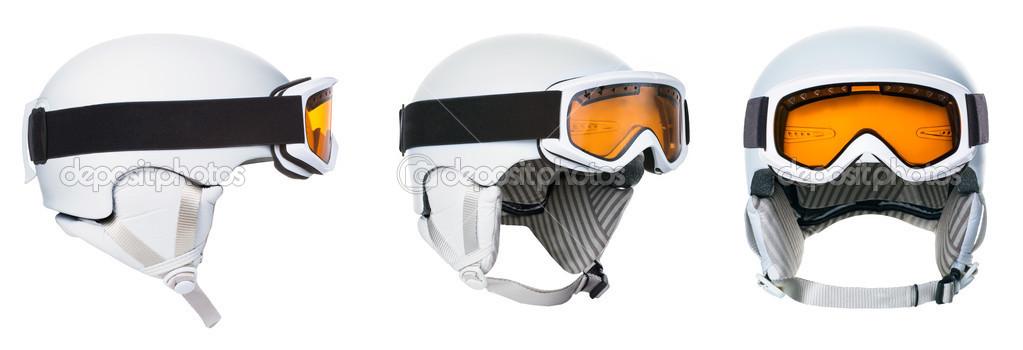 White helmet and goggles isolated on white background