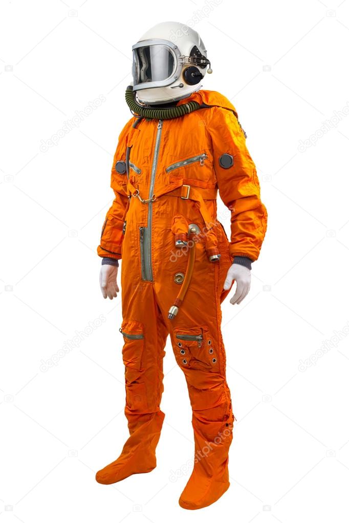 Astronaut wearing space suit standing against white background