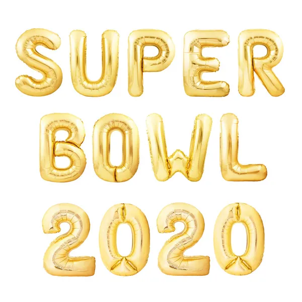 Palavras Super Bowl Feito Balões Infláveis Dourados Isolados Fundo Branco — Fotografia de Stock