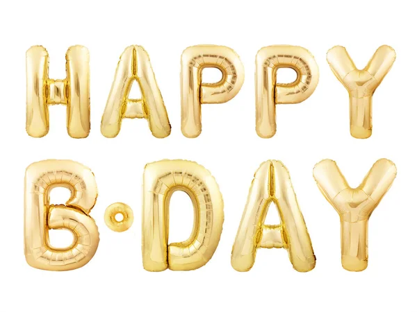 Komunikat HAPPY B-DAY wykonany ze złotych nadmuchiwanych liter balonowych izolowanych na białym tle — Zdjęcie stockowe