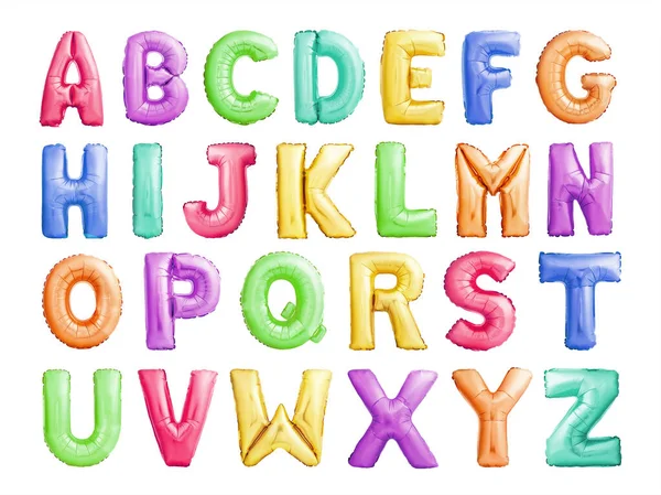 Alphabet Buchstaben Schrift aus bunten aufblasbaren Luftballons isoliert auf weißem Hintergrund — Stockfoto