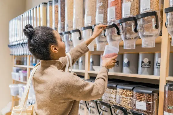 Mladá africká americká žena nakupující obiloviny a obiloviny v udržitelném obchodě — Stock fotografie