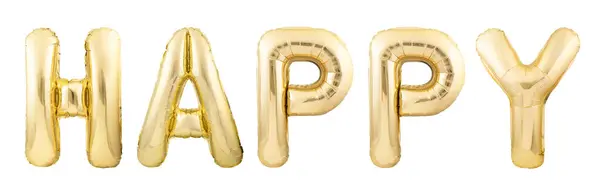 快乐的字眼是用白色背景隔离的金色充气气球做成的 创意气球概念 免版税图库照片