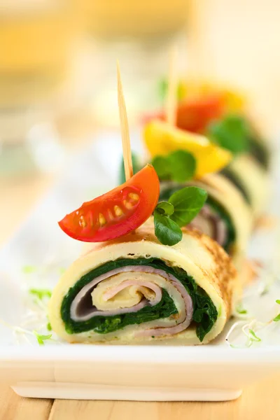 Crepe Rolls Filled with Ham and Spinach — Stock Photo, Image