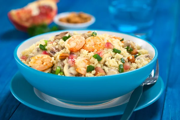 Couscous with Shrimp, Mushroom, Almond and Pomegranate — Stock Photo, Image