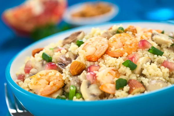 Couscous with Shrimp, Mushroom, Almond and Pomegranate — Stock Photo, Image