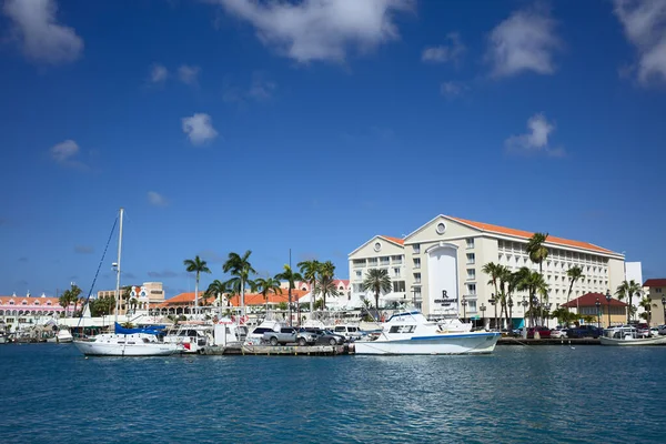 Oranjestad Aruba December 2020 Fishing Boats Sailboat Harbor Renaissance Resort — Fotografia de Stock