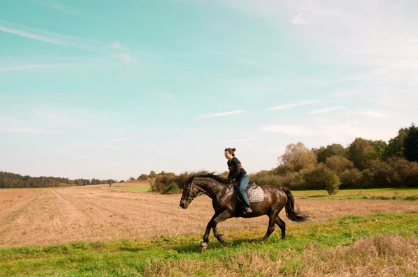 Equestrienne jeździ na wzgórzu. — Zdjęcie stockowe