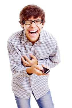 Guy with phone shrieking with laughter clipart