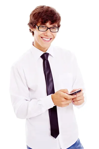 Adolescente sorridente com telefone celular na mão — Fotografia de Stock